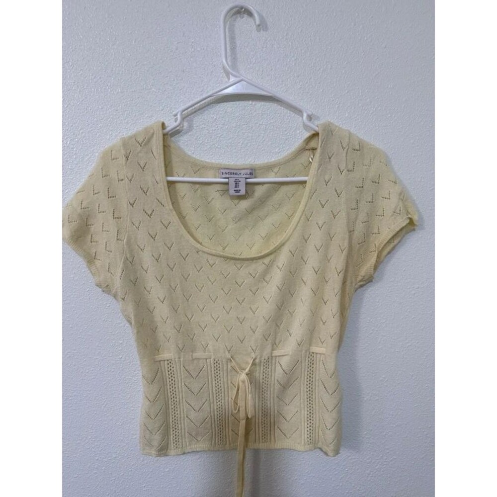 Sincerely Jules Juniors L Butter Yellow Pointelle Knit Tie Front Top Coquette